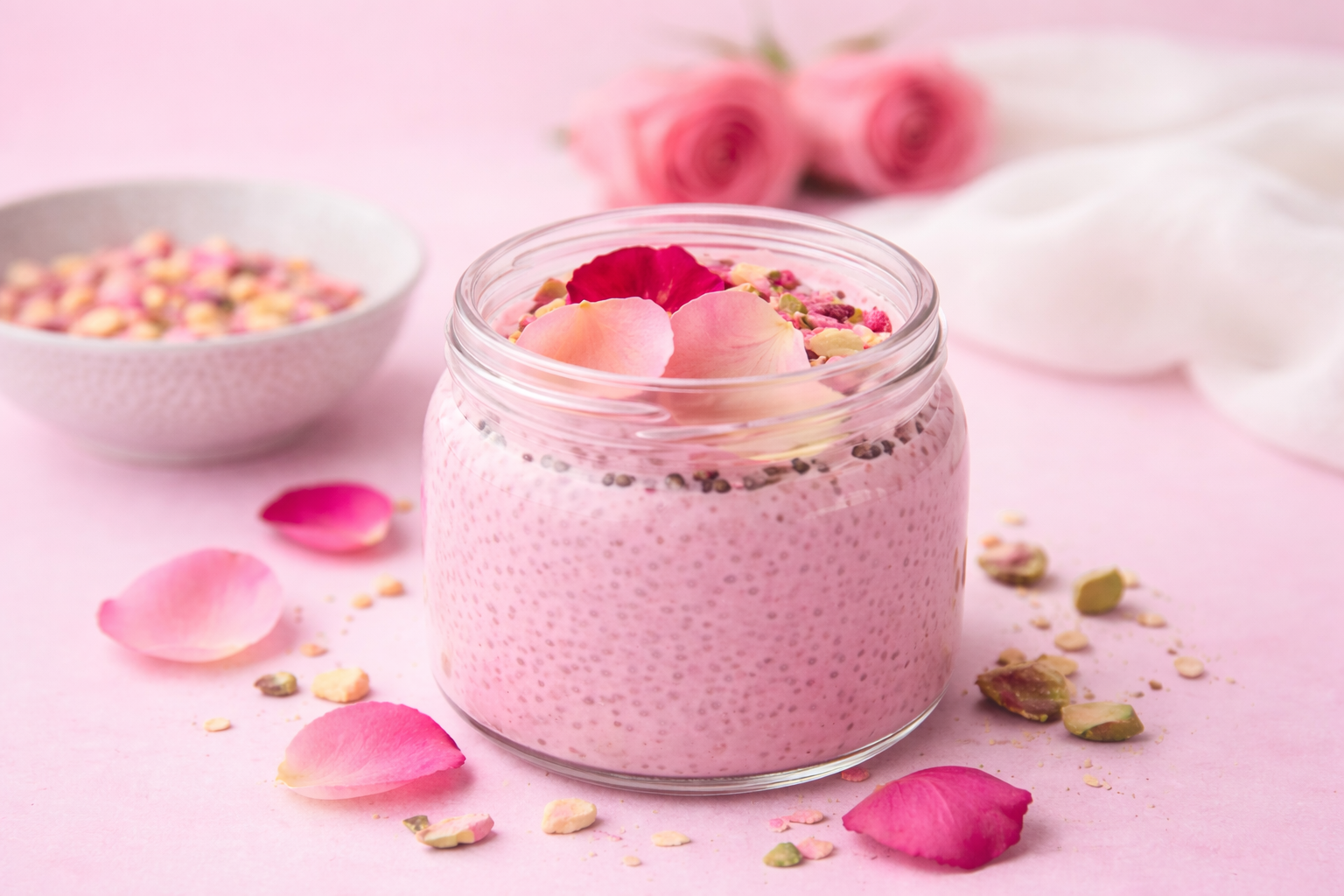 Rose Pistachio with Creamy Vanilla Sauce
